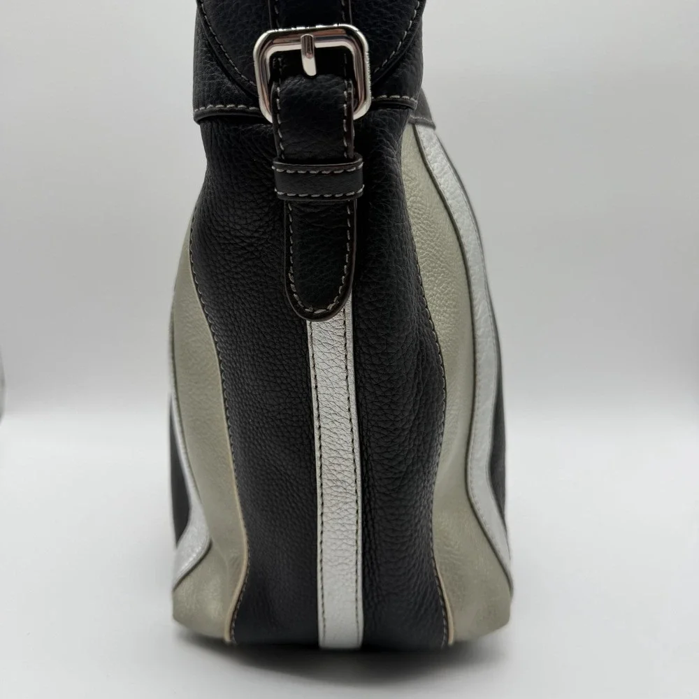 Tignanello Vintage Pebbled Leather Hobo Bag Purse Black Metallic Stripes Y2K